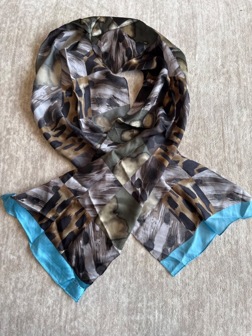 Echo Rectangle Animal Print Blue Trim 100% Silk Scarf Spring Summer Fall
